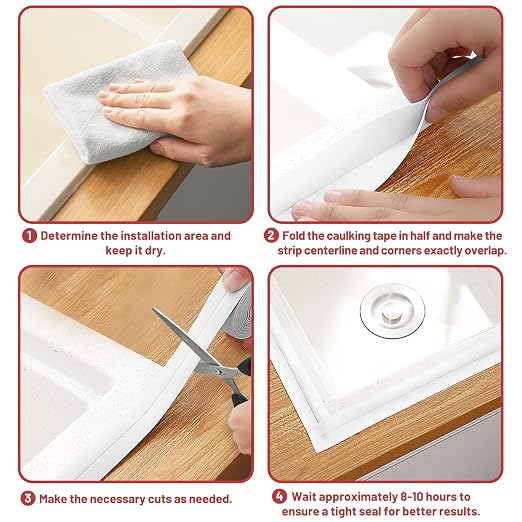 Fixmend Caulk Tape Self Adhesive, 2 Rolls Toilet Caulking Strip Waterproof | Sealant Tape for Kitchen, Bathroom, Shower, Bathtub, Toilet, Wall Floor, Countertop with Sealing Tool (126 x 1.5in)