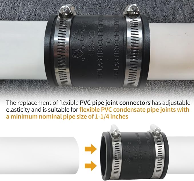 Flexible PVC Pipe Coupling with Rubber Hose Clamps for Flex Coupling 1-1/4 Inch Nominal Pipes Drain Repair, Dust Hose,Plumbing Connection,Cast Iron,Plastic Pipes Upgrade, PVC Condensate Pipe Coupler ﻿