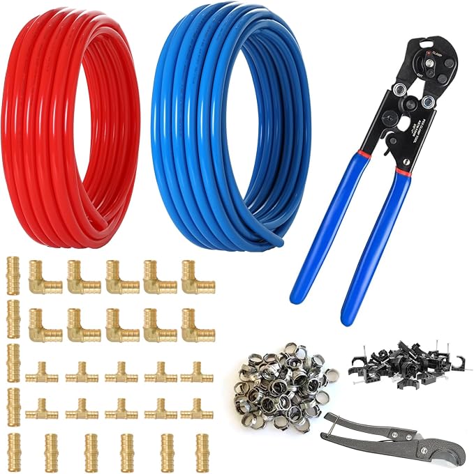 (All-in-One) GUOFIS 1/2 Inch PEX-B Pipe/Tubing Fitting Kit | 1/2 Inch 200ft Red Blue Pipe,2-in-1 Ratchet Cinch Crimp Tool,30 Brass Fittings,100 Clamps,Pipe Cutter