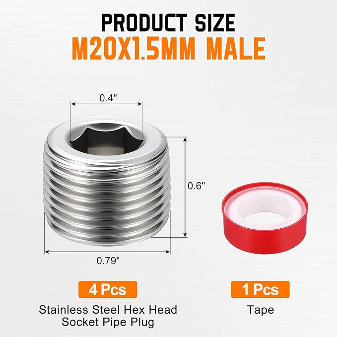 4Pack Hex Head Socket Pipe Plug Fitting M20x1.5mm End Cap Hex Thread | Male Threaded, 304 SS, with W/Tape, for Water Pump Engine Industrial Piping, Pipe Fittings