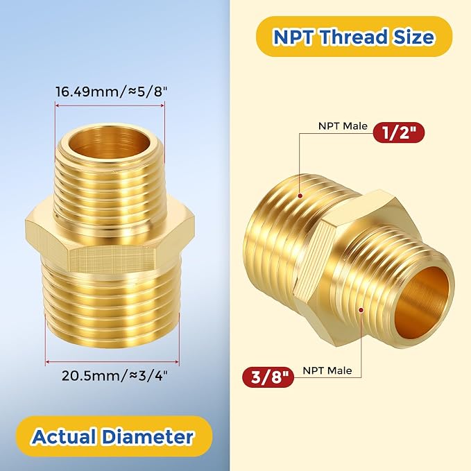 2 Pack Brass Pipe Fittings, 1/2" NPT Male to 3/8" NPT Male | Brass Hex Nipple, Male Pipe Adapter Reducer for Air, Oil, LP