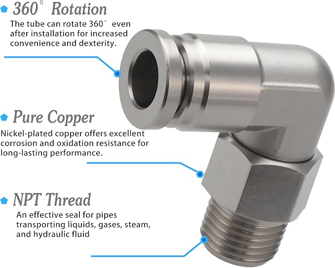 Stainless Steel Push-to-Connect Elbow, 1/4" x 1/8" NPT, 2-Pack | Stainless steel male elbow fitting includes thread seal tape; quick-connect design for pneumatic air and vacuum systems.