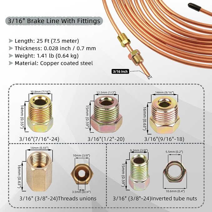 Wostore 25FT Brake Line Kit & Flaring Tool, 24 Brass Fittings, 3/16-5/8" | Double & Single & Bubble flares flaring tool. 25FT 3/16" copper line. Cutter and reamer included. 7 sizes up to 5/8"
