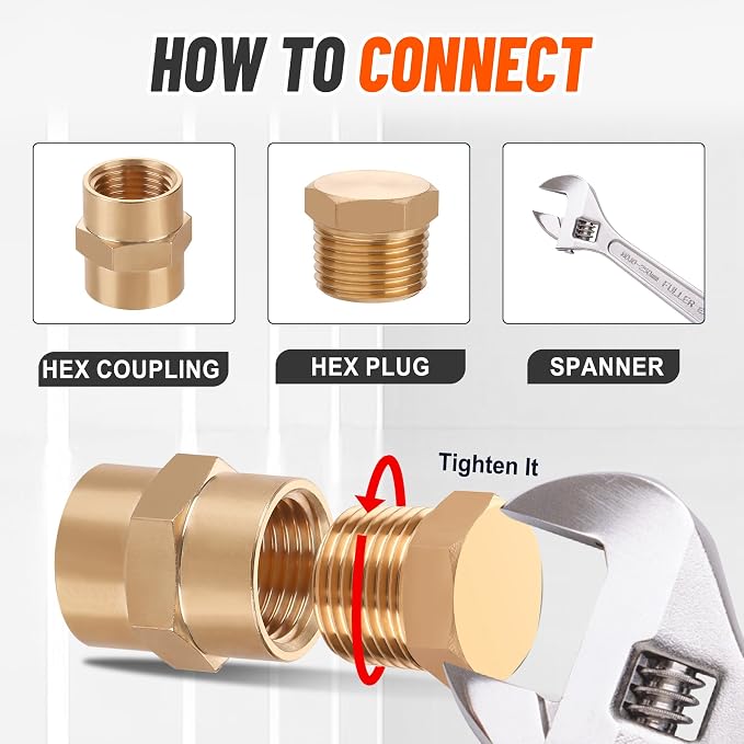 24PCS Brass Pipe Fittings Hex Head Plugs,1/8" 1/4" 3/8" 1/2" NPT | Outer Hex Head Plug Male Threaded Plugs Fitting Assortment Kit