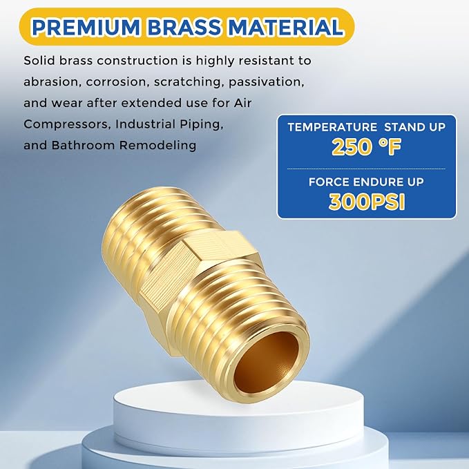 10 Pack Brass Pipe Fittings, 1/4" MNPT to 1/4" Male NPT | Brass Hex Nipple W/ Sealing Tape, Male Pipe Adapter Reducer for Air, Oil, LP, Gas