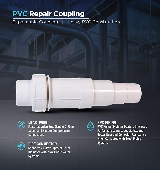 Midline Valve 567SD012 Heavy Duty PVC Repair Coupling; Expandable Pipe Fitting; 1/2''; White Plastic