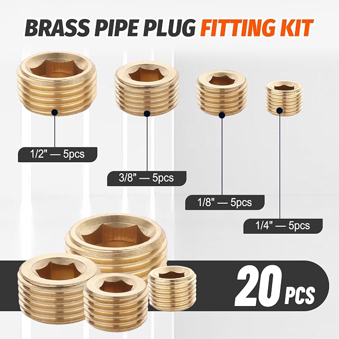 20PCS Brass Pipe Fitting Socket Plugs Kit,1/8" 1/4" 3/8" 1/2" NPT | Male Internal Hex Thread Socket Plug Fittings Assortment Kit,4 Sizes