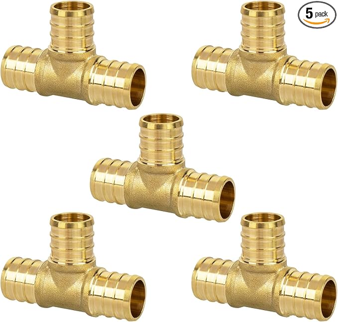 3/4" PEX Tee, PEX Fittings, Heavy-Duty Brass Crimp Fittings for PEX Pipes with Leak-Resistant Construction, NSF & UPC Certified, 5 Pack