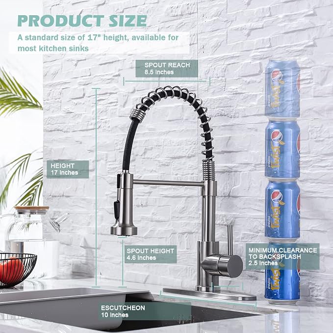 WEWE High Arc Pull-Down Kitchen Faucet, 2-Mode Sprayer, Brushed Nickel