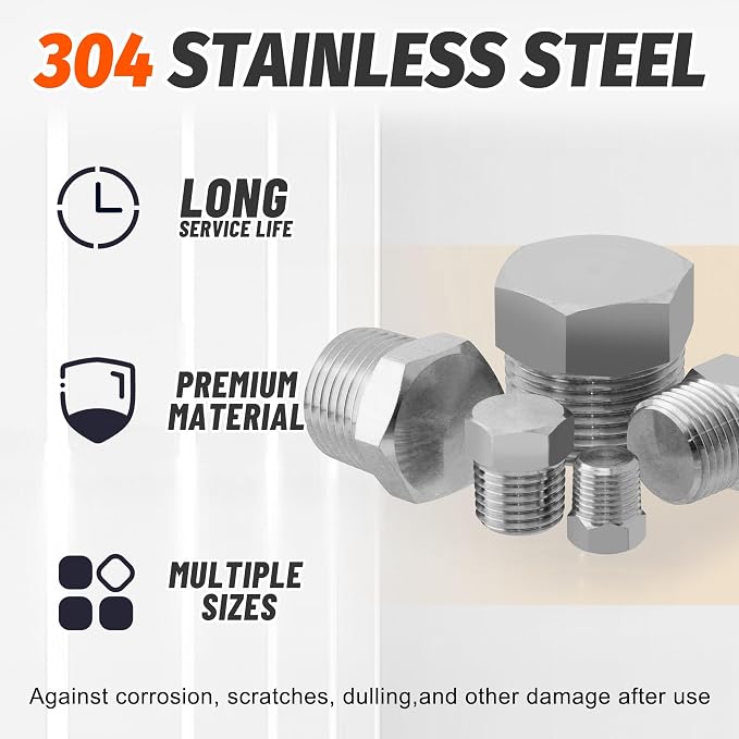 20PCS Stainless Steel Pipe Hex Head Plugs,1/8" 1/4" 3/8" 1/2" 3/4" | 304 Stainless Steel 1/8,1/4,3/8,1/2,3/4 Inch NPT Male Thread Outer Hex Head Plug Fittings Assortment Kit
