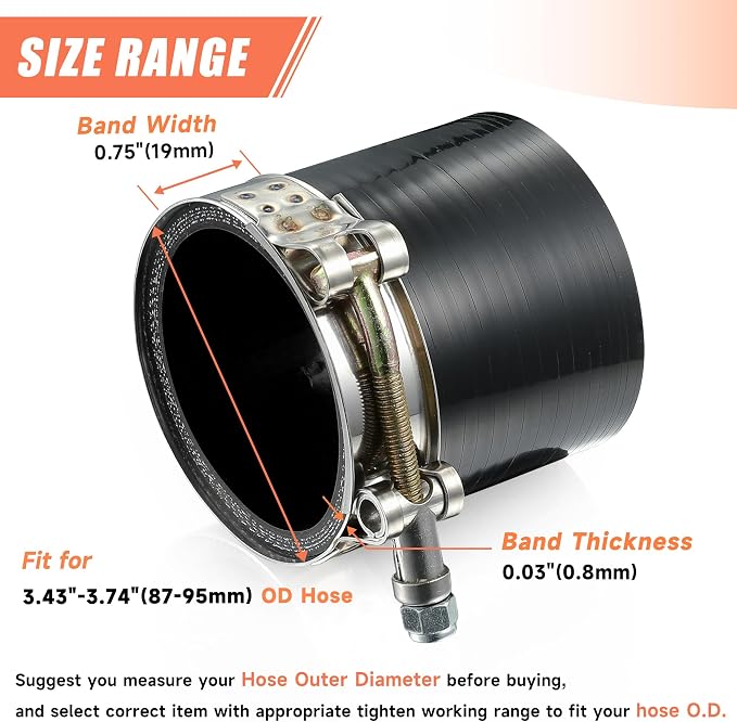 2 Pack 3.15" T-Bolt Hose Clamps, 304 Stainless Steel Turbo Intake Clamp, Working Range 3.43"-3.74"(87-95mm) for 3.15" I.D. Hose with 5mm Wall Thickness.(Measure your hose O.D. before buying)