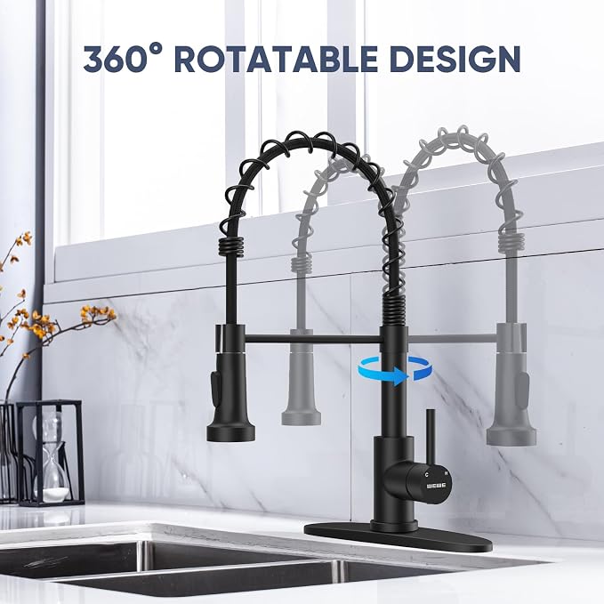 WEWE Black Kitchen Faucet, 2-Mode Sprayer, High Arc Bar Sink Faucet