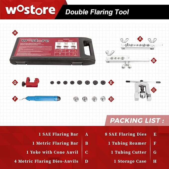 Wostore 25FT Brake Line Kit & Flaring Tool, 24 Brass Fittings, 3/16-5/8" | Double & Single & Bubble flares flaring tool. 25FT 3/16" copper line. Cutter and reamer included. 7 sizes up to 5/8"