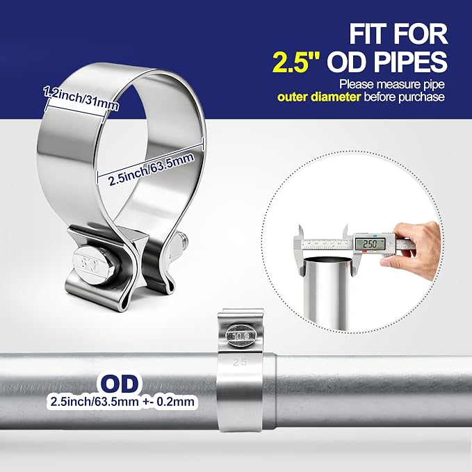 2.5 Inch Exhaust Clamp, 2 1/2 Narrow Band Muffler Clamps Stainless Steel 304 for 2.5" OD Exhaust Pipe, Muffler, Elbow, Exhaust Tubing Connection, Catalytic Converters (2PCS)