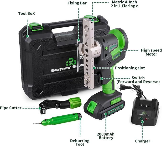 Super Stars Cordless Electric Flaring Tool Kit, 1/4"–3/4" HVAC Copper Pipe Flare Tool with 45° Eccentric Cone, Metric & SAE Clamps, Deburring & Cutter Tools