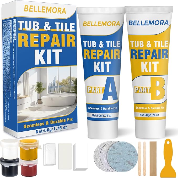 Porcelain Repair Kit, Fiberglass Repair Kit, Professional Tile Repair Kit for Cracks, Chips, Scratches, Rust, Holes on Tubs, Toilet, Sink and Shower Tray, Color Match