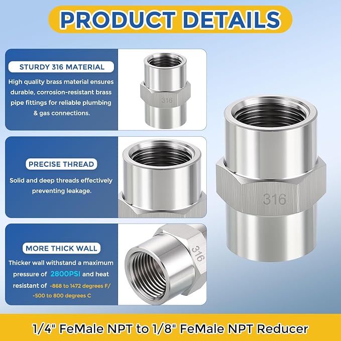 5Pack 1/4" FeMale NPT to 1/8" FeMale NPT 316 Stainless Steel Coupling | 316 Stainless Steel Pipe Fittings, Coupler Hex Head Connector with Sealing Tape for Air, Oil, LP, Gas, Fuel, Water