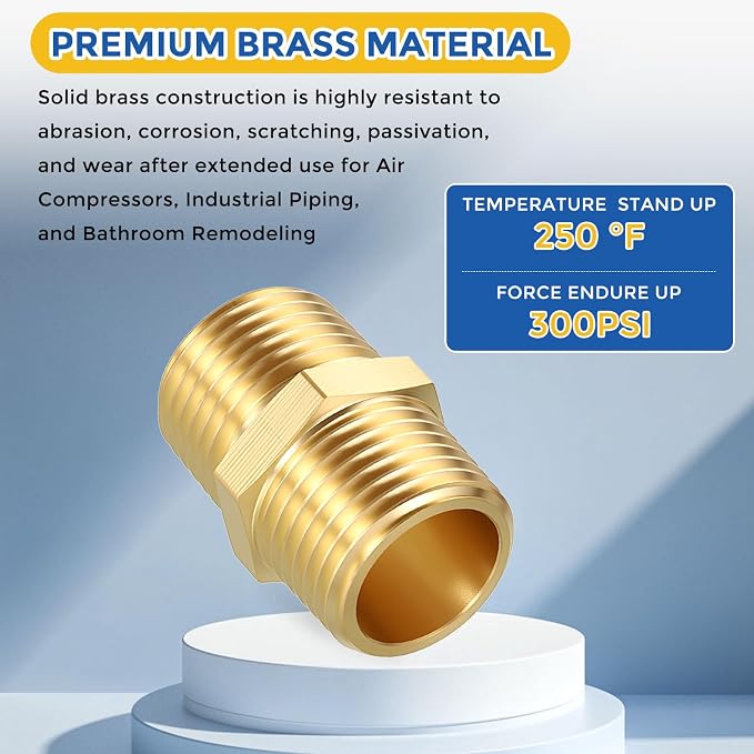 3 Pack Brass Pipe Fittings, 1/2" Male NPT to 1/2" Male NPT | Brass Hex Nipple, Male Pipe Adapter Reducer for Air, Oil, LP