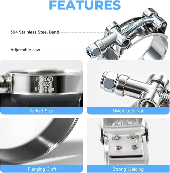 8 Pack 1.75 Inch T Bolt Hose Clamps 51-57mm, Heavy Duty Stainless Steel Turbo Clamps for Performance Car Intercooler Boost Pipe Radiator