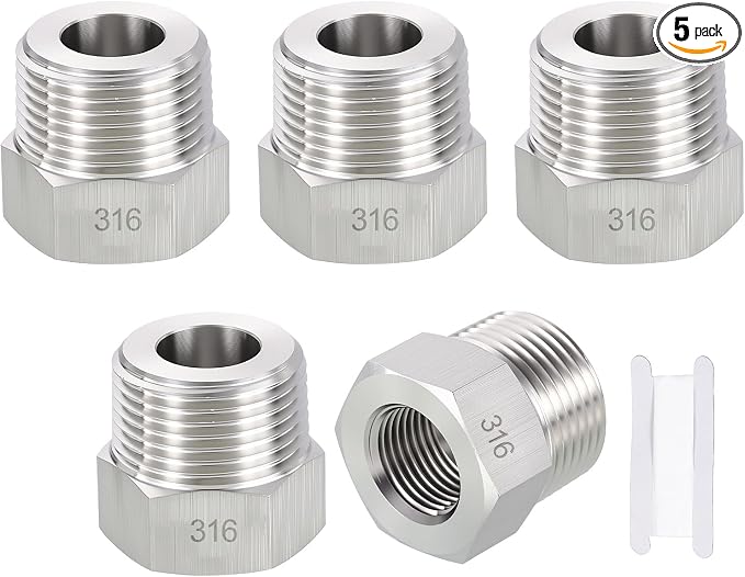 5 Pack SUS316 3/4" Male NPT to 3/8" FeMale NPT Hex Bushing Reducer | 316 Stainless Steel Pipe Fittings, Hose Tube Threaded Adapters with Sealing Tape for Air, Oil, LP, Gas, Fuel, Water