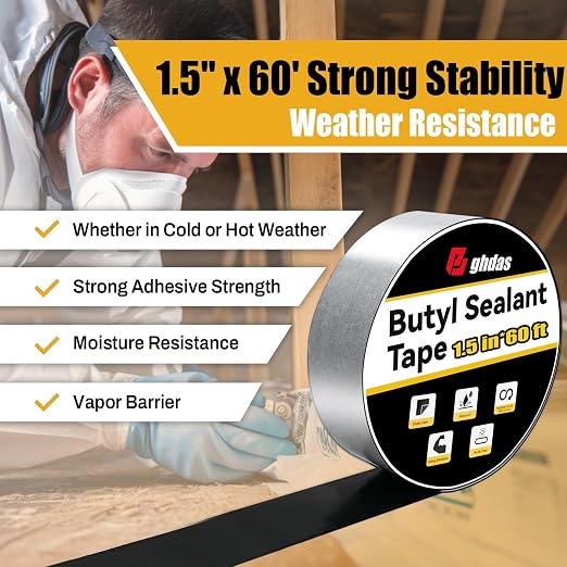 Bghdas - 1 Pack Butyl Sealant Tape 1 1/2" X 60' - Double Sided - Black Vapor Barrier Butyl Tape for Wall of Crawl Space, Rv Windows, Deck Boat, Crawlspace (Waterproof, Weatherproof)