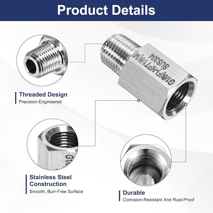 M METERXITY 2-Pack Garden Hose Adapter, Stainless Steel 1/8" g Female x 1/8" NPT Male Threaded Connector with Sealing Tape Garden Hose Convert Fitting for Pipe Fitting/Shower