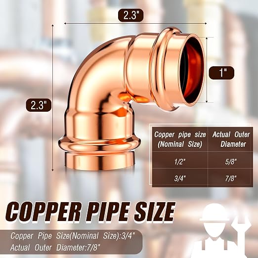 Therwen 5 Pcs 1 Inch Copper Pipe Press Fittings, 90 Degree Elbow Coupling Zero Lead, Elbow Press Adapter Fittings Coupling for Plumbing