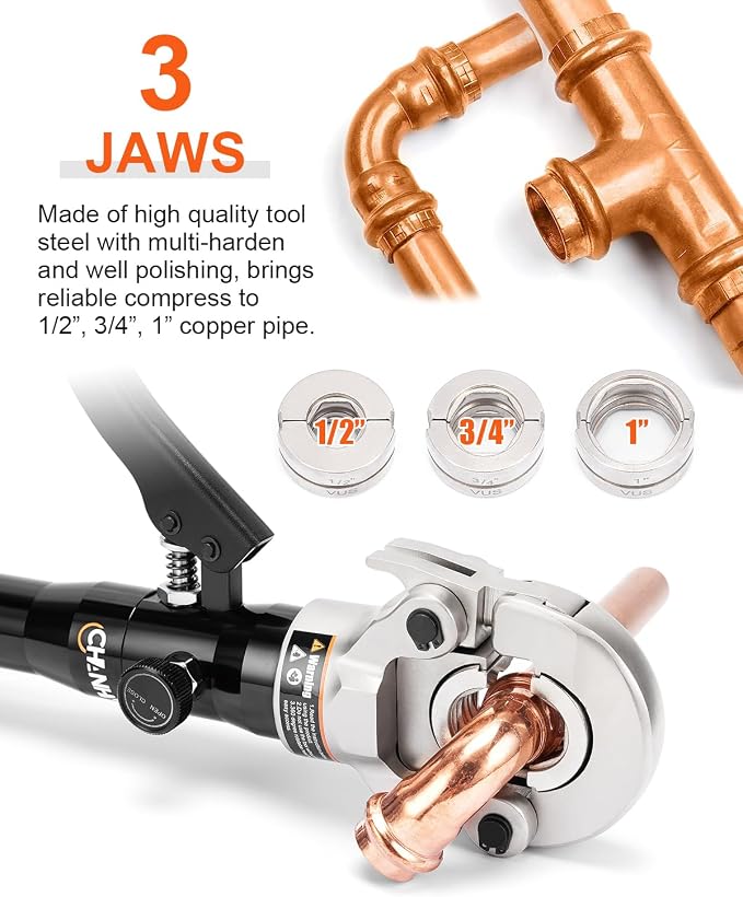 Hydraulic Copper Tube Fittings 1/2, 3/4, 1" Press Crimping Tool Kit Pex Pipe Crimper Pressing Pliers Stainless PEX Press Sleeves for Copper Pipe (Black, AL-1632-VUS)
