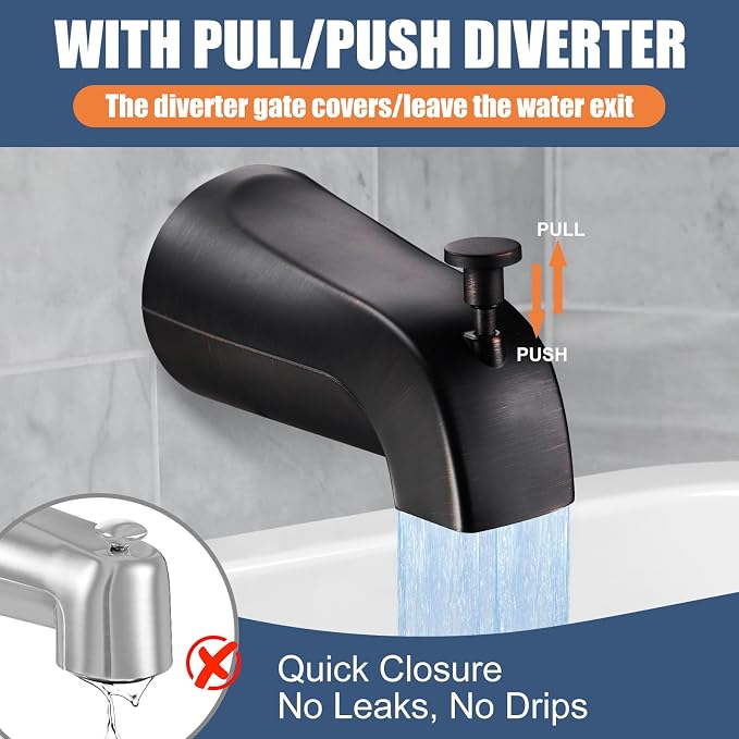 Tub Spout with Pull-Down Diverter, Leak Proof Slip Fit for 1/2" Copper Pipe | Smooth Diverter Switches Tub To Shower, Durable Metal, Repairs Leaks, Quick Filling, Easy DIY Bathroom Upgrade (ORB)