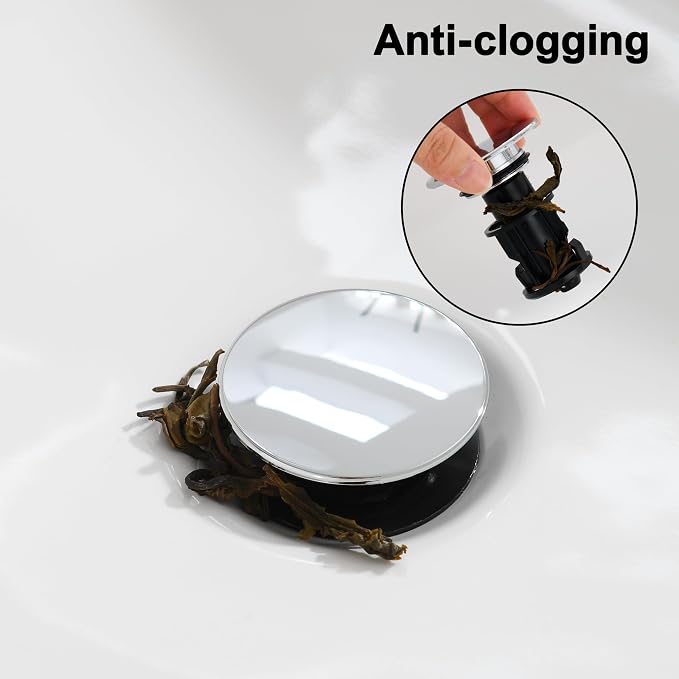 TIORIY Chrome Pop Up Bathroom Sink Drain, with Overflow Plastic Bathroom Sink Stopper for Faucet Vessel, Push Type Bathroom Sink Vanity Assembly with Strainer