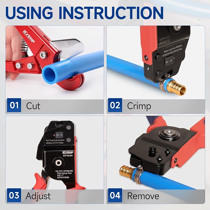 iCrimp BJ03 PEX Cinch & Removal Tool Kit for 3/8"–1" Stainless Steel Clamps | One hand ratchet auto-release design, kit includes 20pcs 1/2", 10pcs 3/4" PEX clamps and pipe cutter