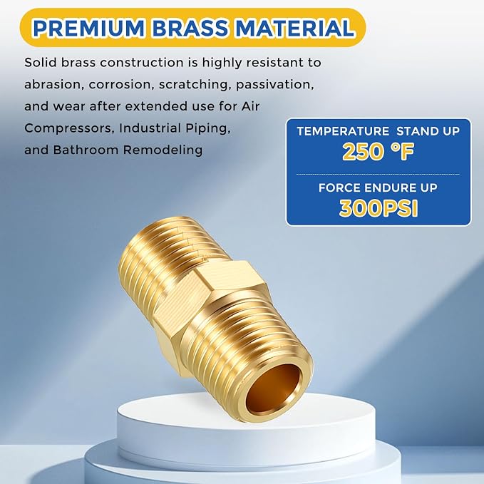 4 Pack Brass Pipe Fittings, 1/8" NPT Male to 1/8" NPT Male | Brass Hex Nipple, Male Pipe Adapter Reducer for Air, Oil, LP
