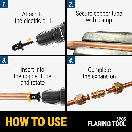 Copper Flaring Tool HVAC, 11 PCS Black, No.8 Carabiner Bit Holder | Pipe Expander Repair for Electric Drill; Carbon Steel; Mini Split Flare Kit For 1/4, 3/8, 1/2, 5/8, 3/4, 7/8 Soft Tube