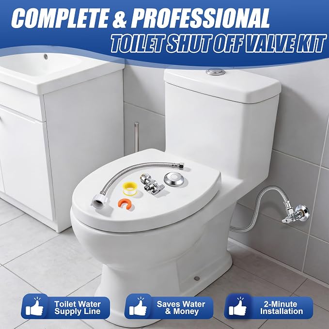 Toilet Shut Off Valve 1/2" PTC x 3/8" OD Compression 12" Supply Line kit | Complete Toilet Connector Water Line Kit with 12'' L 3/8" COMP x 7/8" OD Toilet Supply Line,Escutcheon Plate,Disconnect Clip