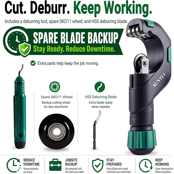 Copper Pipe Cutter, 3/16"-2" OD Tubing Cutter Kit | Cuts copper, brass, aluminum, EMT, exhaust & 304 thin-wall stainless tubing; deburrer, spare wheel & blade included