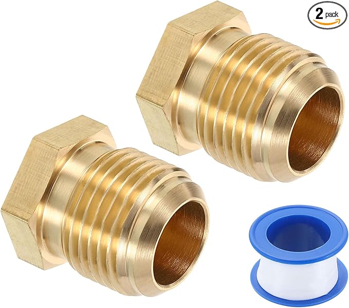uxcell 2Pcs Brass Seal Plug, 7/8"-14 UNF Male Thread Hex Pipe Fitting, Flare Tube Fittings with Tape for Air Conditioner Pipe Extension Water Gas Line