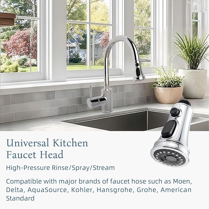 Universal Kitchen Faucet Head Replacement 3-Mode, Extra 15 Adapters, Chrome