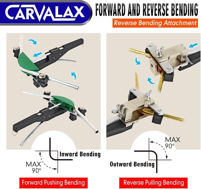 CARVALAX Pipe Tube Bender Set, Reverse Adapters, for 1/4” to 7/8” O.D | 90° ratcheting tubing bender kit, with 7 multi-color aluminum heads for HVAC, air condition and heating repair