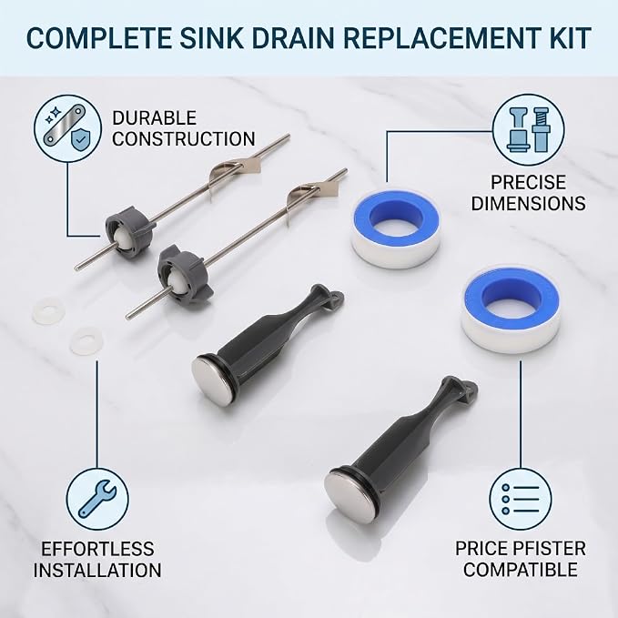 Pop Up Stoppers, Pivot Rods, and Plumber Tape Bathroom Drain Kit for, 2 Stoppers and 2 Rods Pop Up Drain Repair Kit for Bathroom Sink