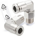 Stainless Steel Push-to-Connect Elbow, 1/4" x 1/8" NPT, 2-Pack | Stainless steel male elbow fitting includes thread seal tape; quick-connect design for pneumatic air and vacuum systems.