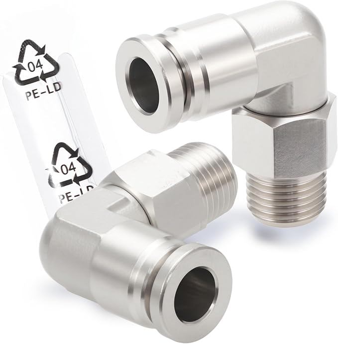 Stainless Steel Push-to-Connect Elbow, 1/4" x 1/8" NPT, 2-Pack | Stainless steel male elbow fitting includes thread seal tape; quick-connect design for pneumatic air and vacuum systems.