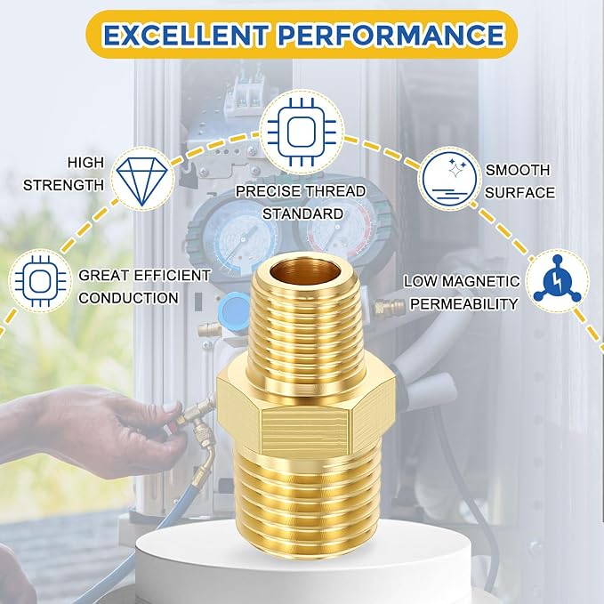 10 Pack Brass Pipe Fittings, 1/4" MNPT to 1/8" Male NPT | Brass Hex Nipple W/ Sealing Tape, Male Pipe Adapter Reducer for Air, Oil, LP, Gas