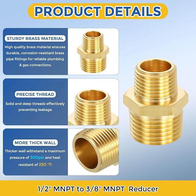 8 Pack Brass Pipe Fittings, 1/2" MNPT to 3/8" Male NPT | Brass Hex Nipple W/ Sealing Tape, Male Pipe Adapter Reducer for Air, Oil, LP, Gas