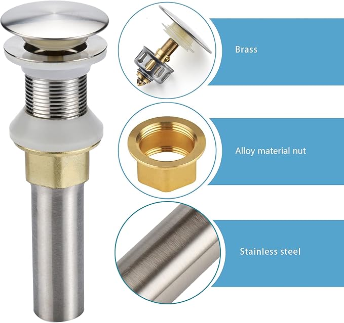 Rockgoya Bathroom Sink Drain,Drain Stopper Bathroom Sink Without Overflow,Pop Up Drain Assembly with Detachable Strainer Basket,Built-in Anti-Clogging Strainer,Stainless Steel Brushed Nickel