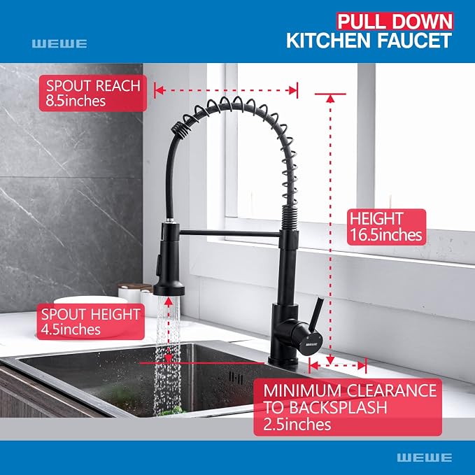 WEWE High Arc Pull-Out Kitchen Faucet, 2-Mode Sprayer, Matte Black