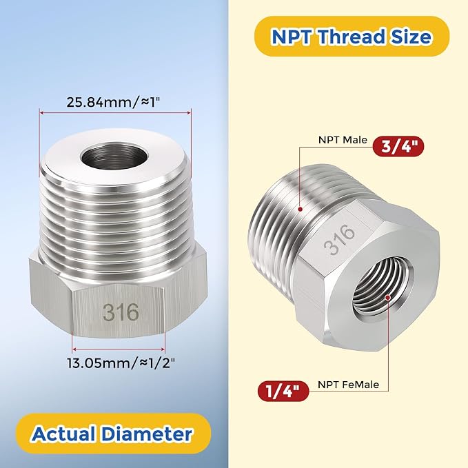 5 Pack SUS316 3/4" Male NPT to 1/4" FeMale NPT Hex Bushing Reducer | 316 Stainless Steel Pipe Fittings, Hose Tube Threaded Adapters with Sealing Tape for Air, Oil, LP, Gas, Fuel, Water