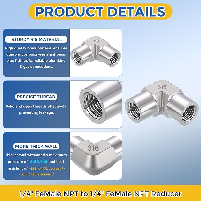 2 Pack SUS316 90 Degree 1/4" FNPT to 1/4" FNPT Barstock Street Elbow | 316 Stainless Steel Pipe Fittings, Forged Pipe Fitting Connector with Sealing Tape for Air, Oil, LP, Gas, Fuel, Water