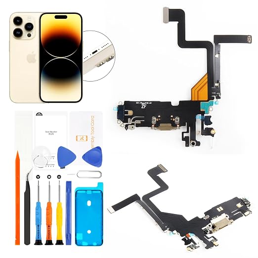 for iPhone 14 Pro Lightning Charging Port Replacement (Gold) USB Dock Connector Flex Cable Assembly with Waterproof Tape Tool Kit A2890 A2650 A2889 A2892