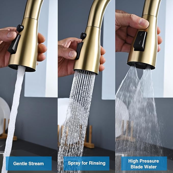 Metal Kitchen Faucet Head Replacement, 3 Functions Kitchen Faucet Head High Pressure, Brushed Gold Pull Down Kitchen Sink Sprayer Replacement with 9 Adapters Compatible with Most Faucets