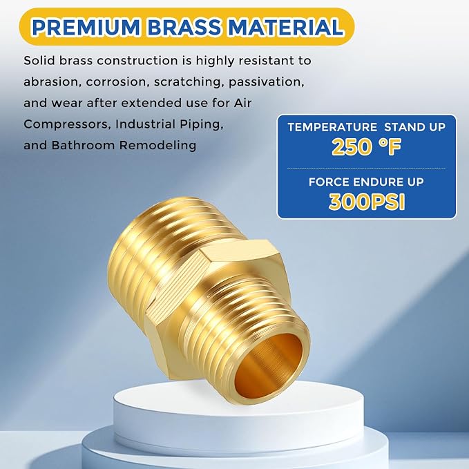10 Pack Brass Pipe Fittings, 1/2" Male NPT to 3/8" Male NPT | Brass Hex Nipple W/ Sealing Tape, Male Pipe Adapter Reducer for Air, Oil, LP